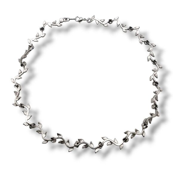 Silver Tone Leaf Vine Link Blue Rhinestone Collar Necklace Nice 18KTCH MCM Retro - Picture 2 of 11